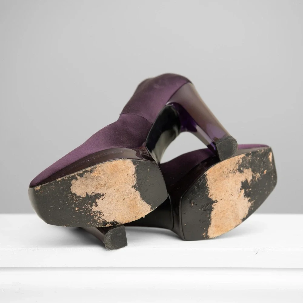 Patrick Cox Purple Platform Block Heels Sz 8.5 Glam Y2K 90s Chic Runway Mod Gala